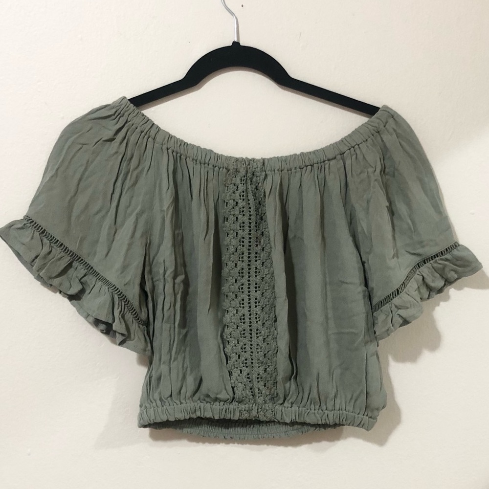 💚Women Off Shoulder Sage Lace Drawstring Waist and Shoulder Crop Top Size S